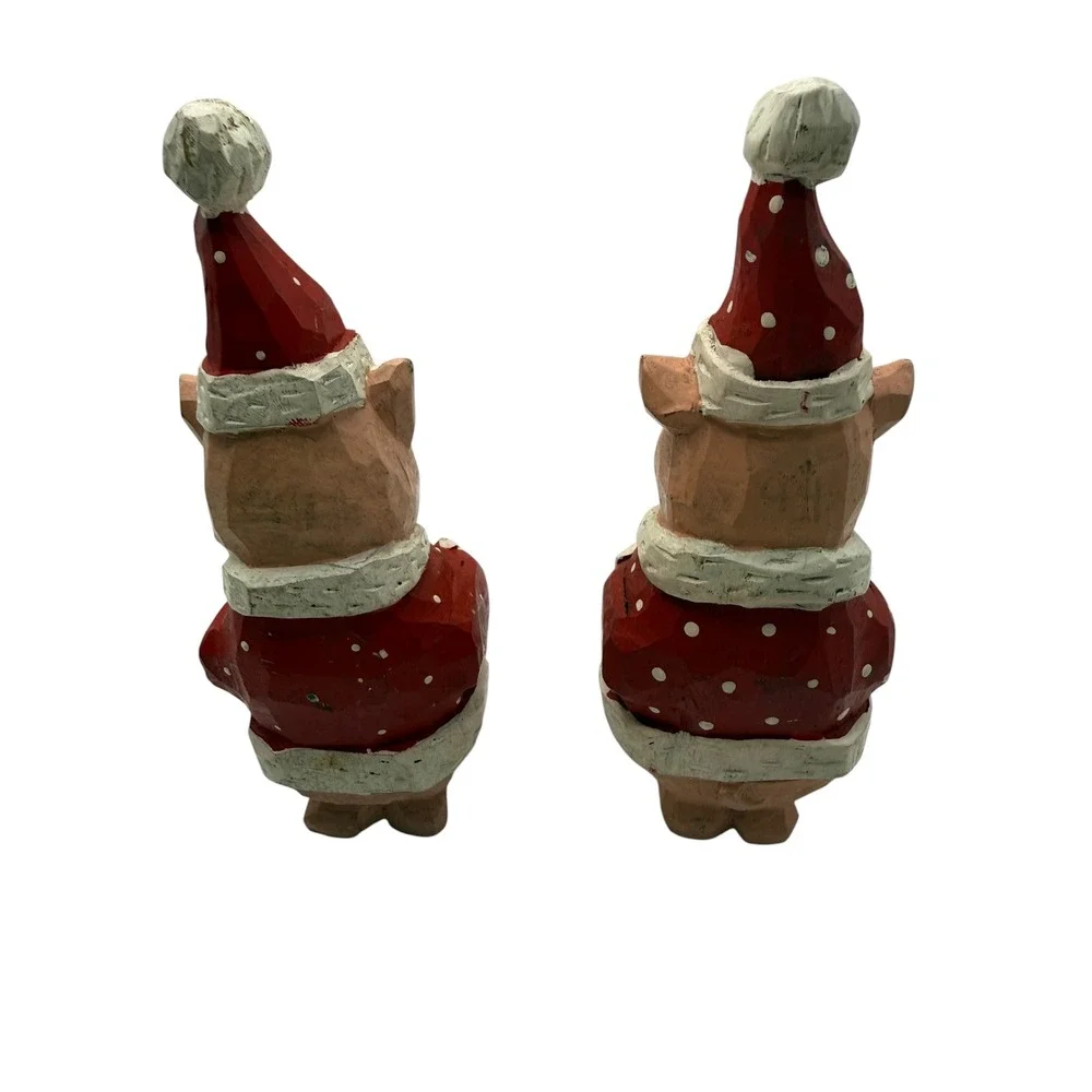 Vintage Style Hand Carved Wood Christmas Pig Figurines Santa Suit Set of 2